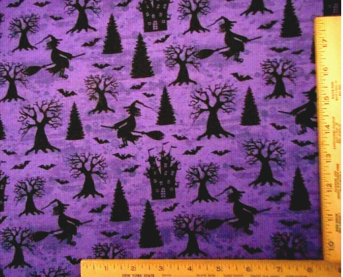 Halloween Witches Bats and Houses on Purple 100% Cotton Fabric