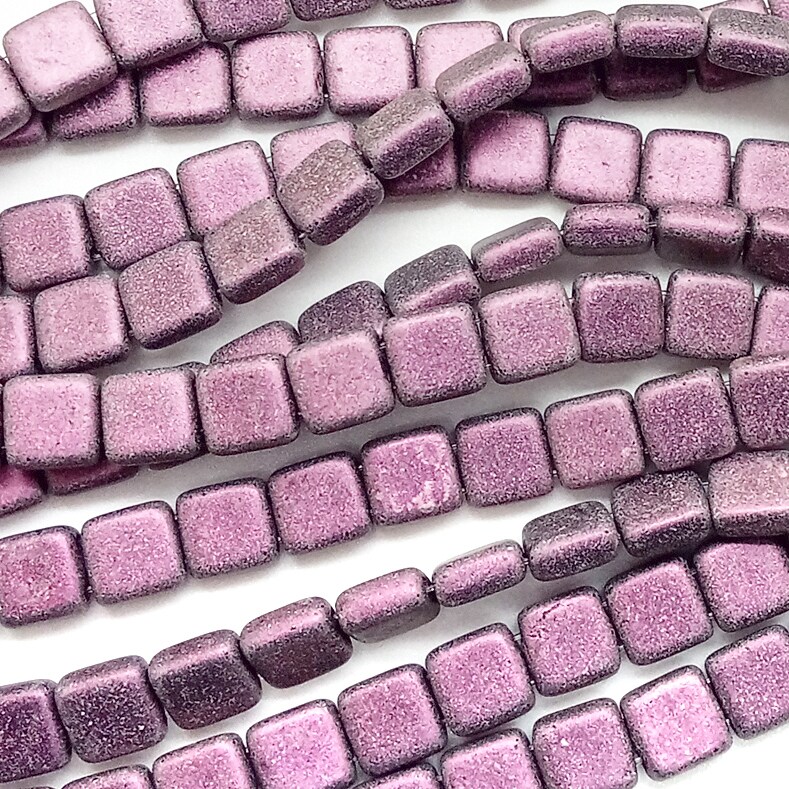 CzechMates Tile Beads, 50 pc Strand, Pink Metallic Suede, Adorabilities