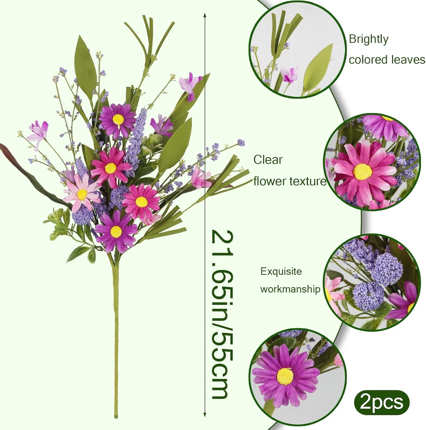 2 Pcs Purple Artificial Daisy & Wildflower Bouquet with Lavender – Silk Faux Floral Arrangement for Spring & Summer Decor, Weddings & Table Centerpieces