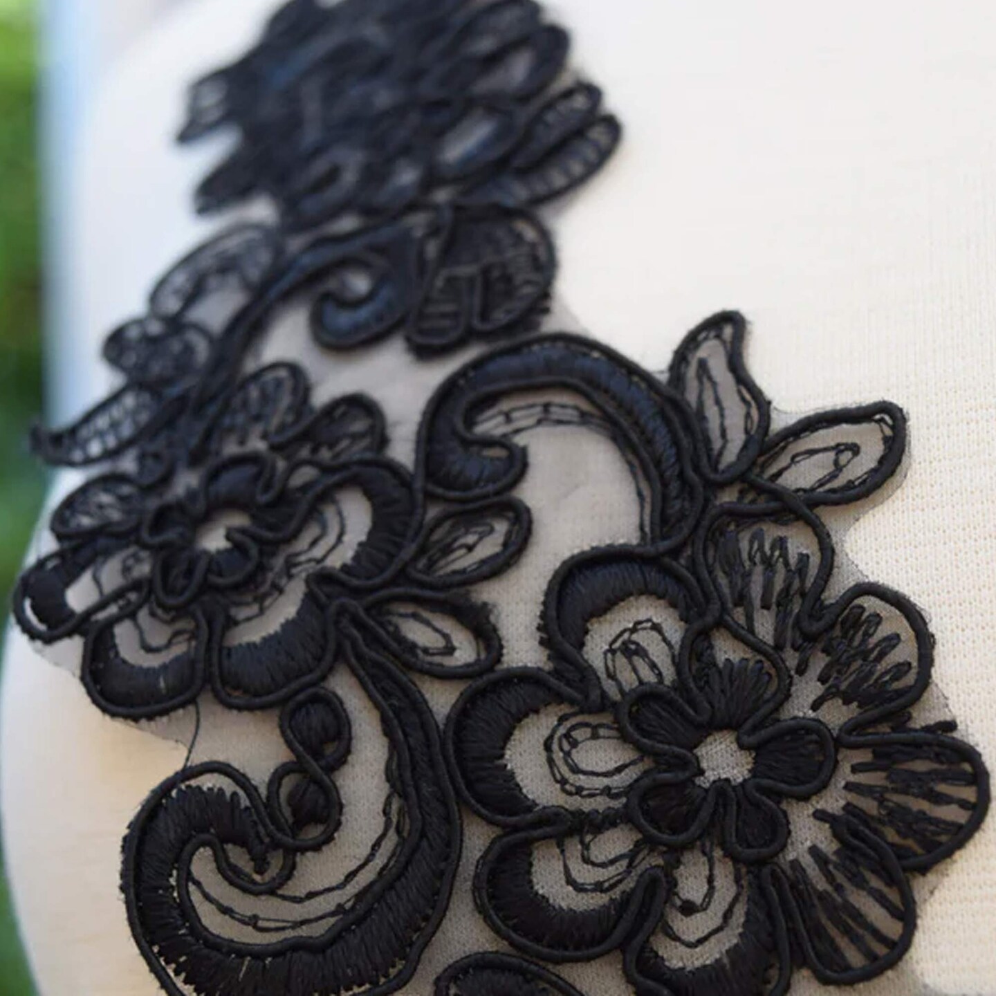 2 Pieces Small 7.25x3 Black Alencon Lace Patch Applique Floral Swirls