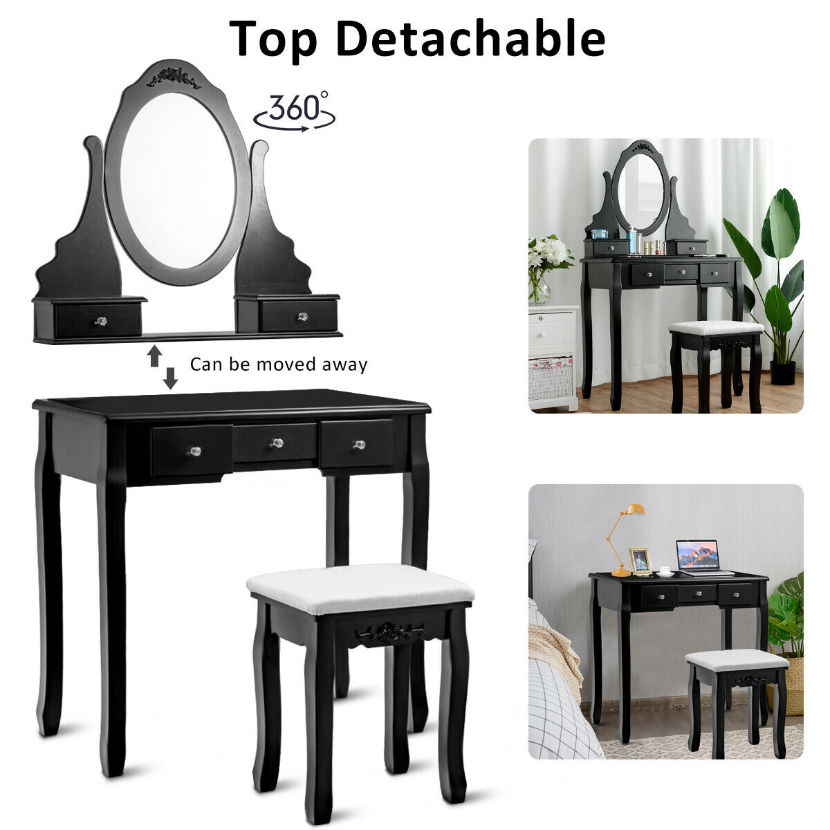 Costway Vanity Jewelry Wooden Makeup Dressing Table Set W/Stool Mirror & 5 Drawers Black