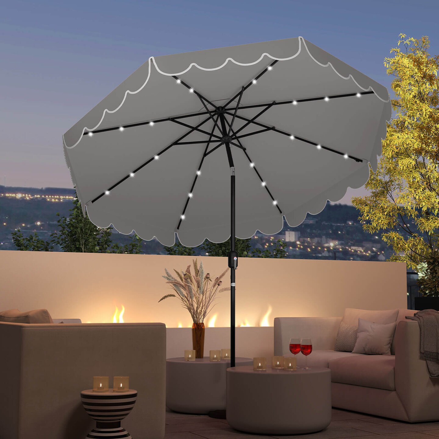 Costway 9.3 FT Solar Patio Umbrella Outdoor Market Sunshade with 24 LED Lights,Ruffles Beige/Brown/Red/Gray/Turquoise