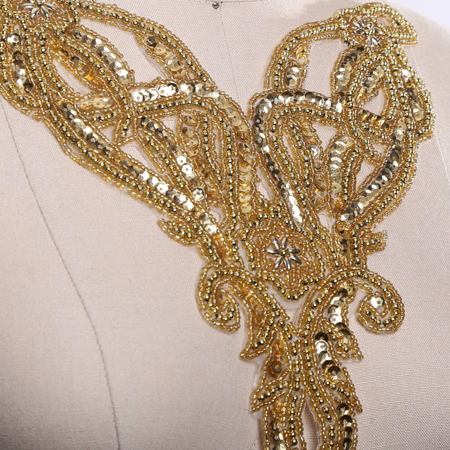 Gold Beaded Sequin Collar Applique Patch Victorian Costume Neck Trim