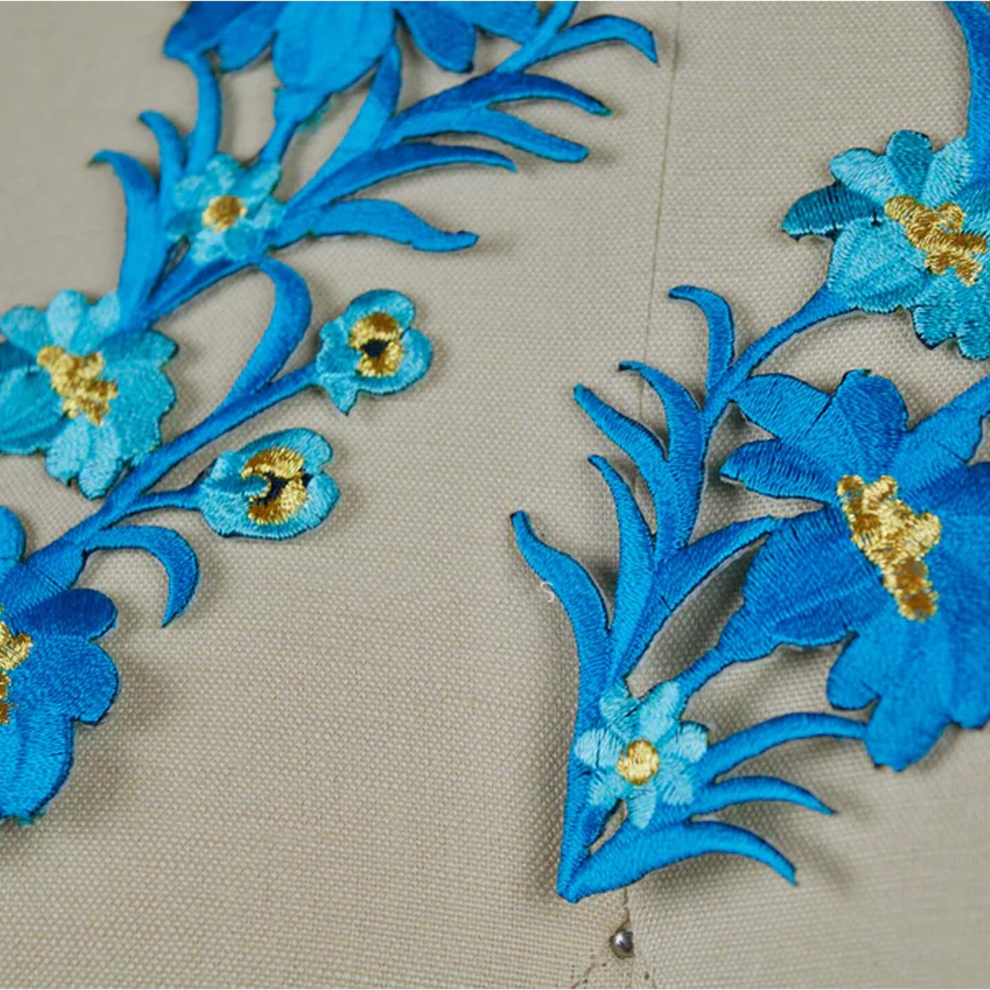 8&#x22; x 2.25&#x22; Electric Blue Flower Patches Set of 2 Embroidered Appliques with Gold Thread Accent
