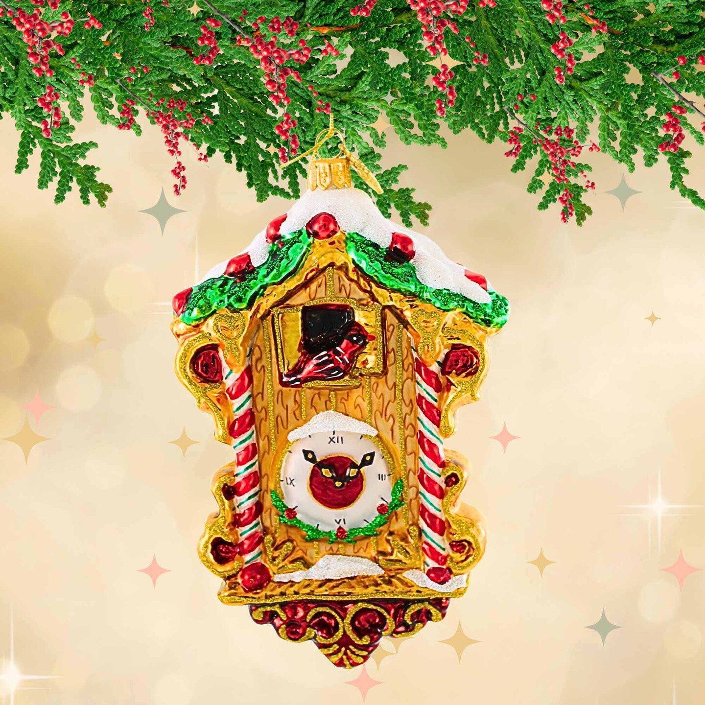 Huras Family 5.5 Inch Grandma's Great Cuckoo Clock Christmas Tree Ornament , Cardinal Time Peppermint