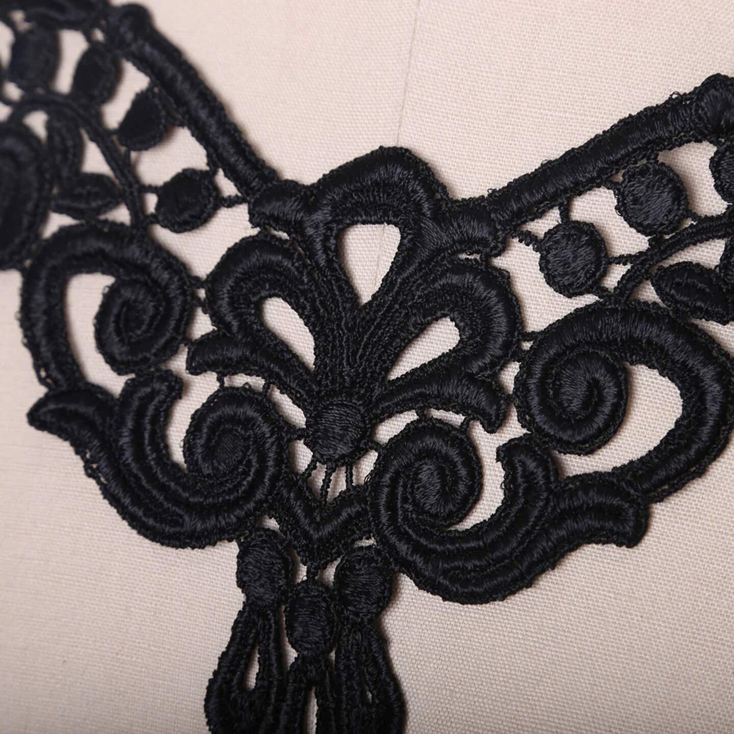 Venice Lace Collar Applique Black V-Neck Embroidered Trim for Dresses & Costumes
