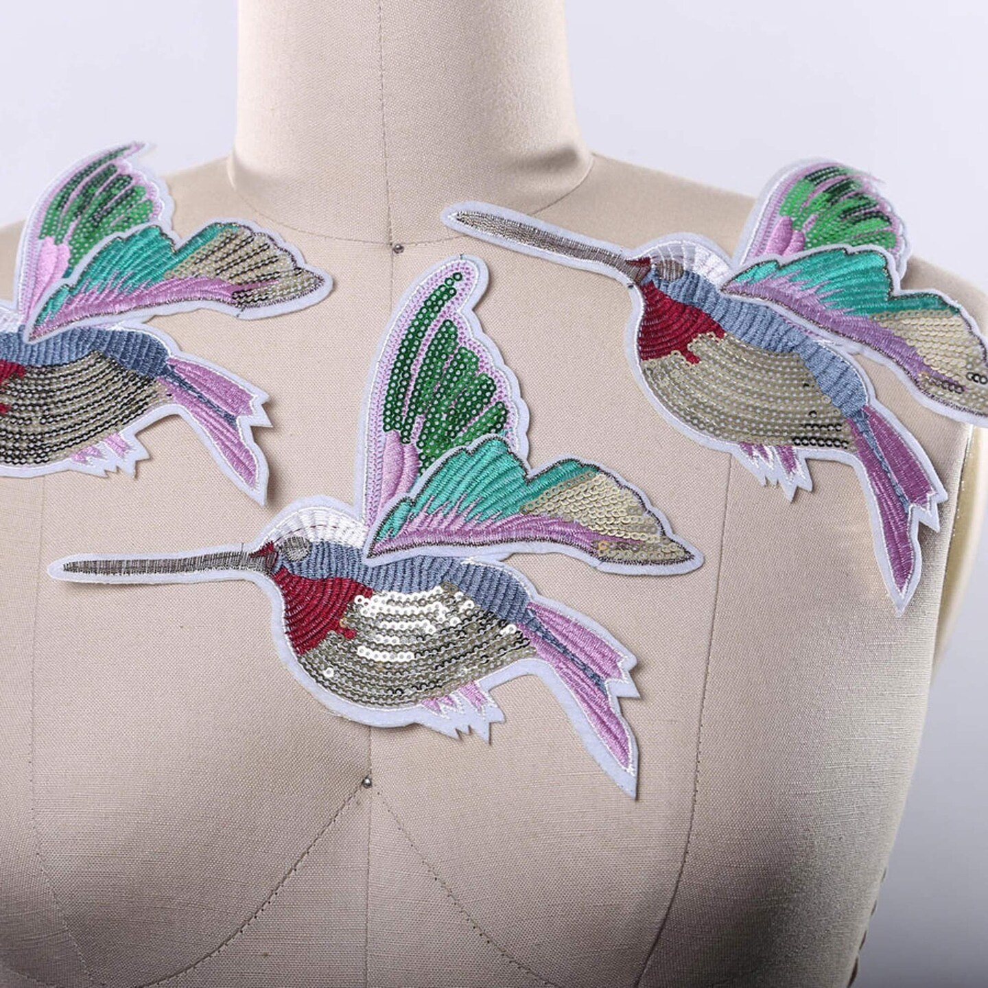 1 Patch Colorful Hummingbird Sequins Embroidery Iron On Wings Bird Applique