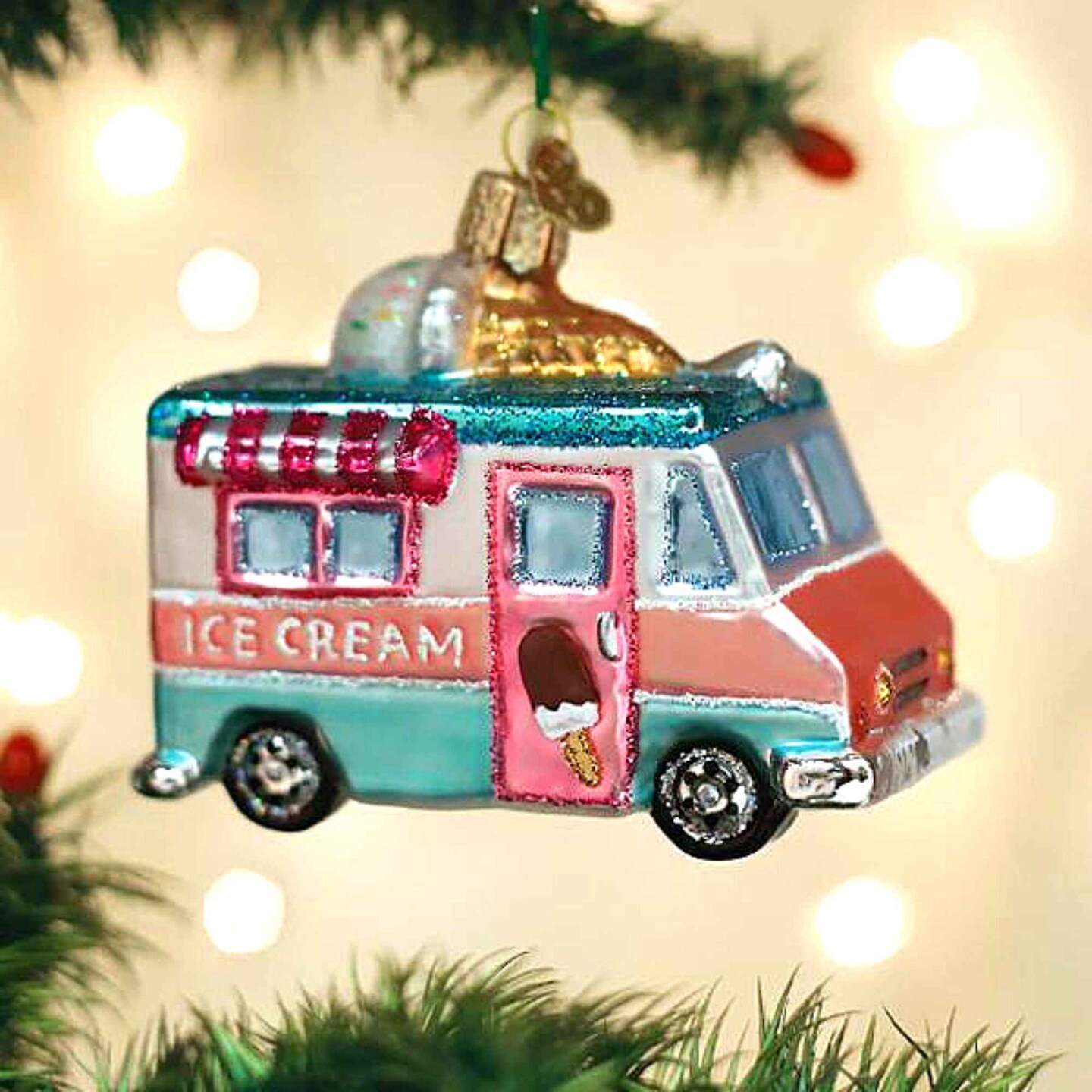 Old World Christmas 3.0 Inch Ice Cream Truck Tree Ornament , Sugar Cone Sprinkles Treat