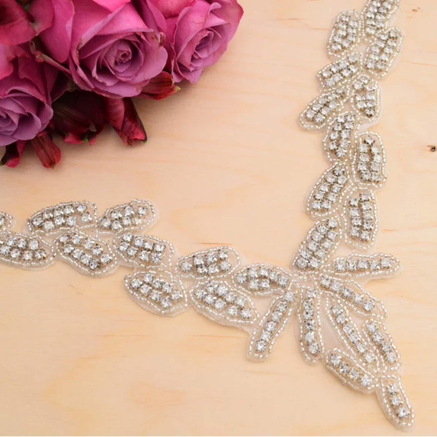 8.25" V Shape Rhinestone Collar Neckline Applique Iron On for Wedding Dress Embellishment