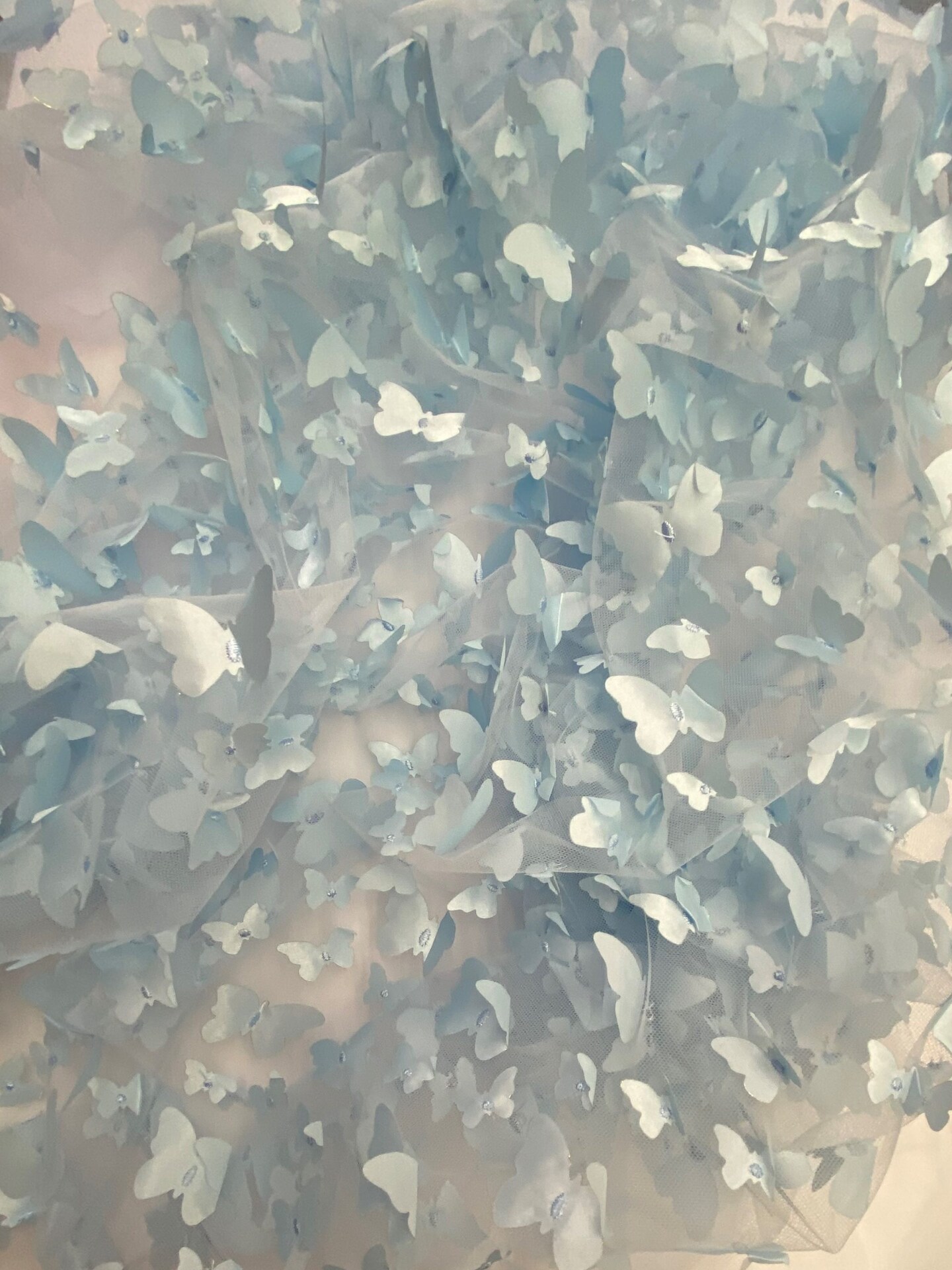 1 Yard Light Blue 3D Butterfly Mesh Soft Stretch Fabric with Satin Appliqué for Costumes & Special Creations 54 Inch Wide