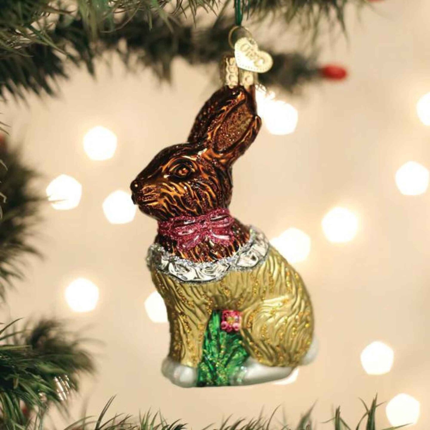 Old World Christmas 4.25 In Chocolate Easter Bunny Tree Ornament , Ornament Foiled Sitting Pink Bow