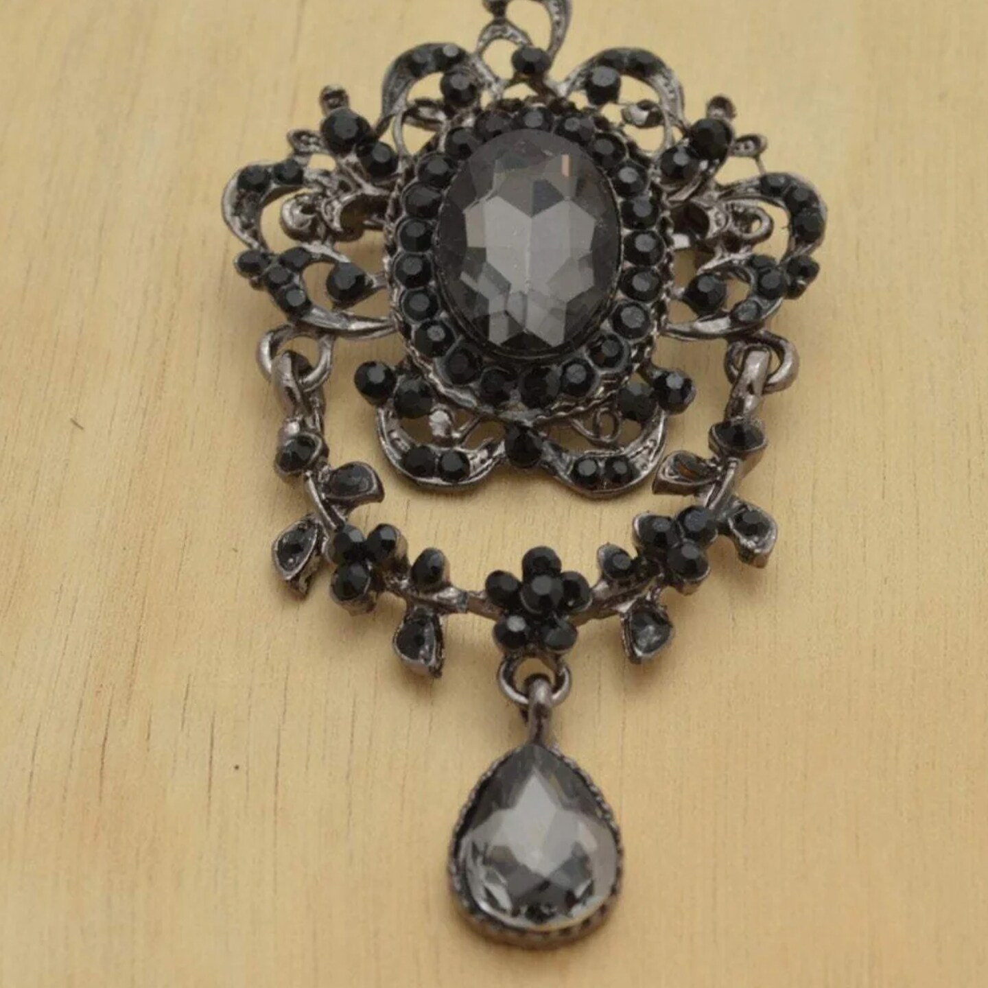 3.14" x 1.75" Gothic Black Dangling Brooch with Dark Rhinestones Vintage Jewelry