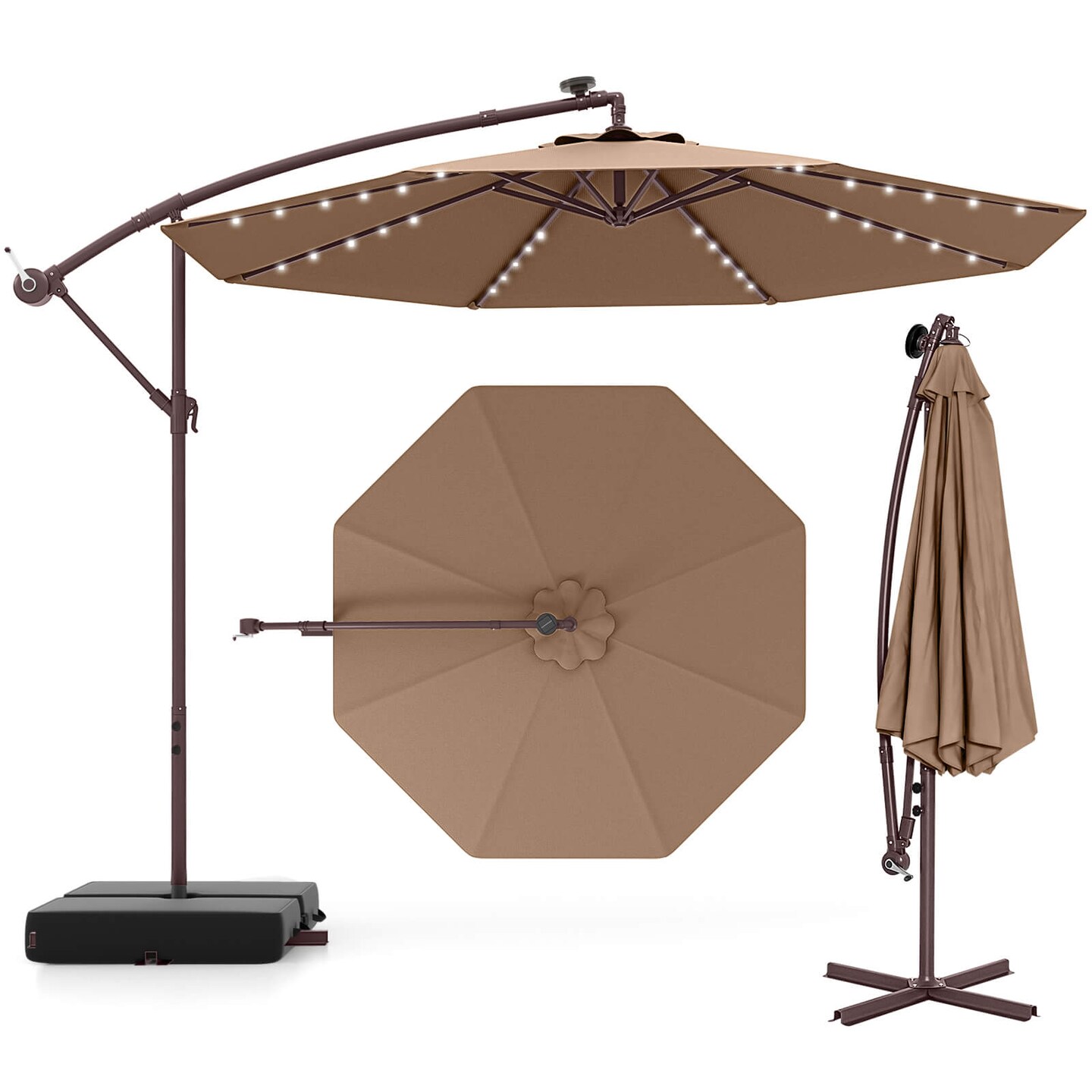 Costway Patio 10FT Hanging Offset Umbrella 32 LED Lights Sand Bag Outdoor Cross Base Beige/Turquoise/Dark Gray/Wine/Coffee/Navy