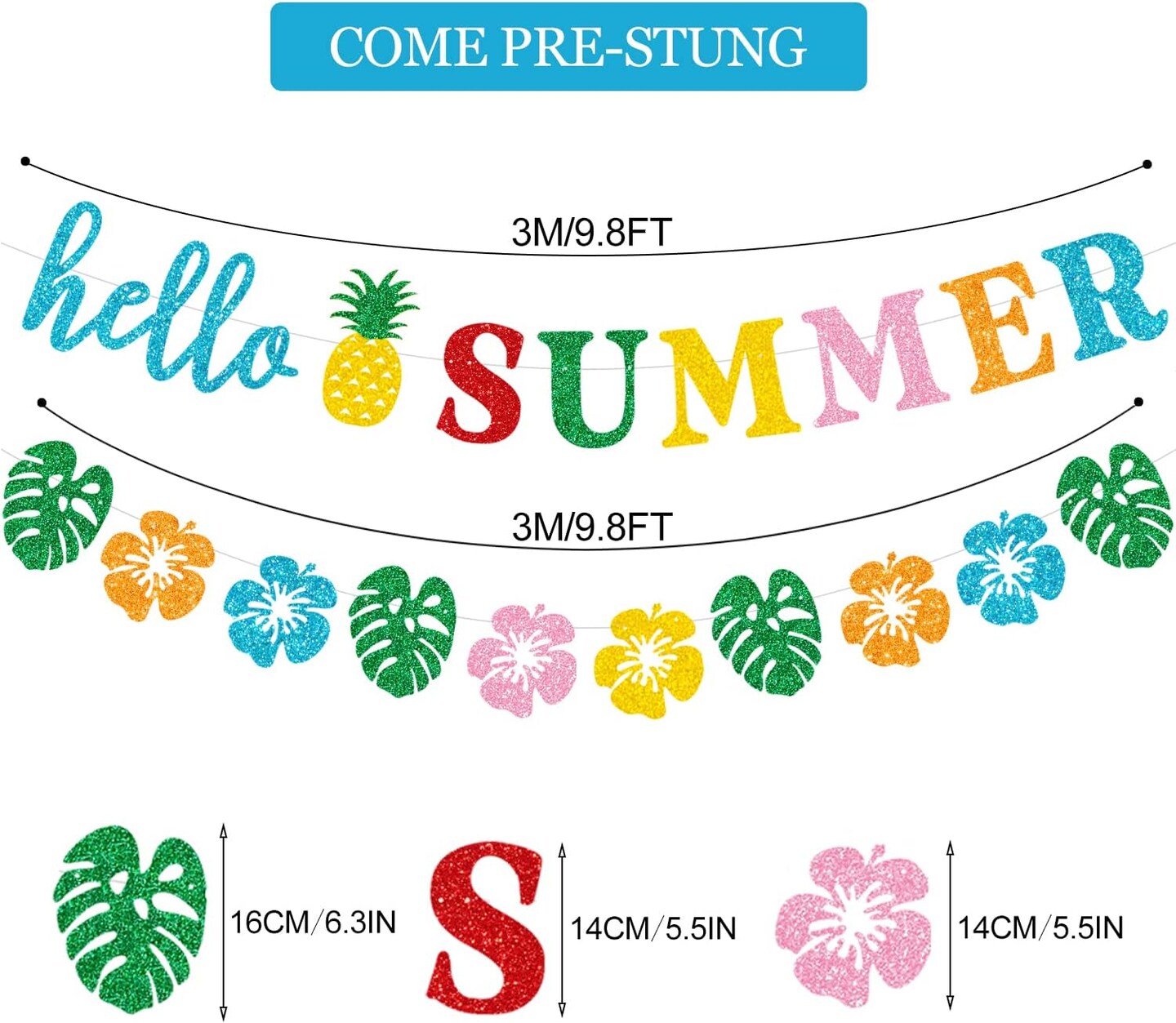 Glittery Hello Summer Banner | Hawaiian Luau Tropical Bunting Garland for Summer Holiday, Birthday & Luau Party Decorations – Indoor/Outdoor Wall Decor