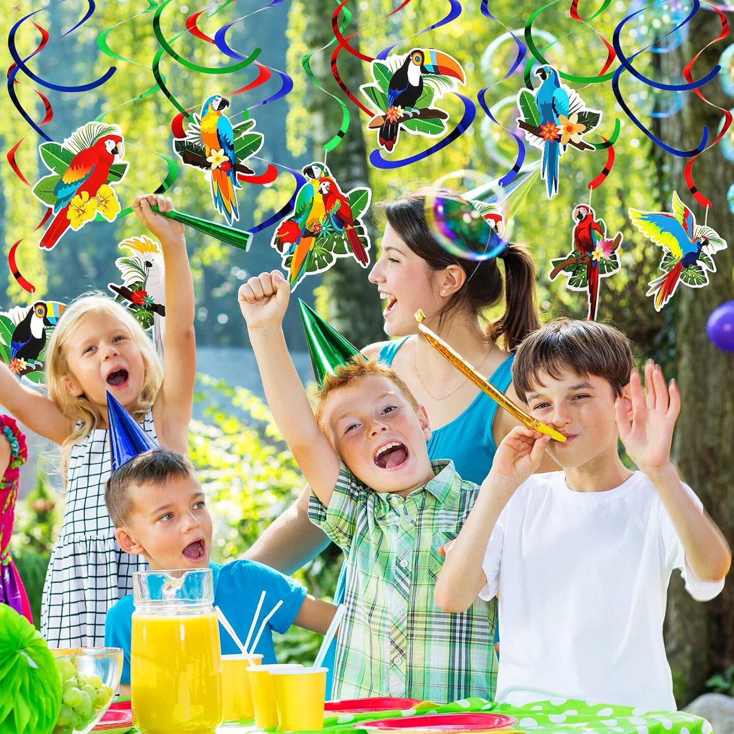 30-Piece Tropical Birds Hanging Swirl Decorations | Toucan & Parrot Foil Ceiling Danglers for Hawaiian Luau, Summer Beach, Pool Party & Birthday Supplies