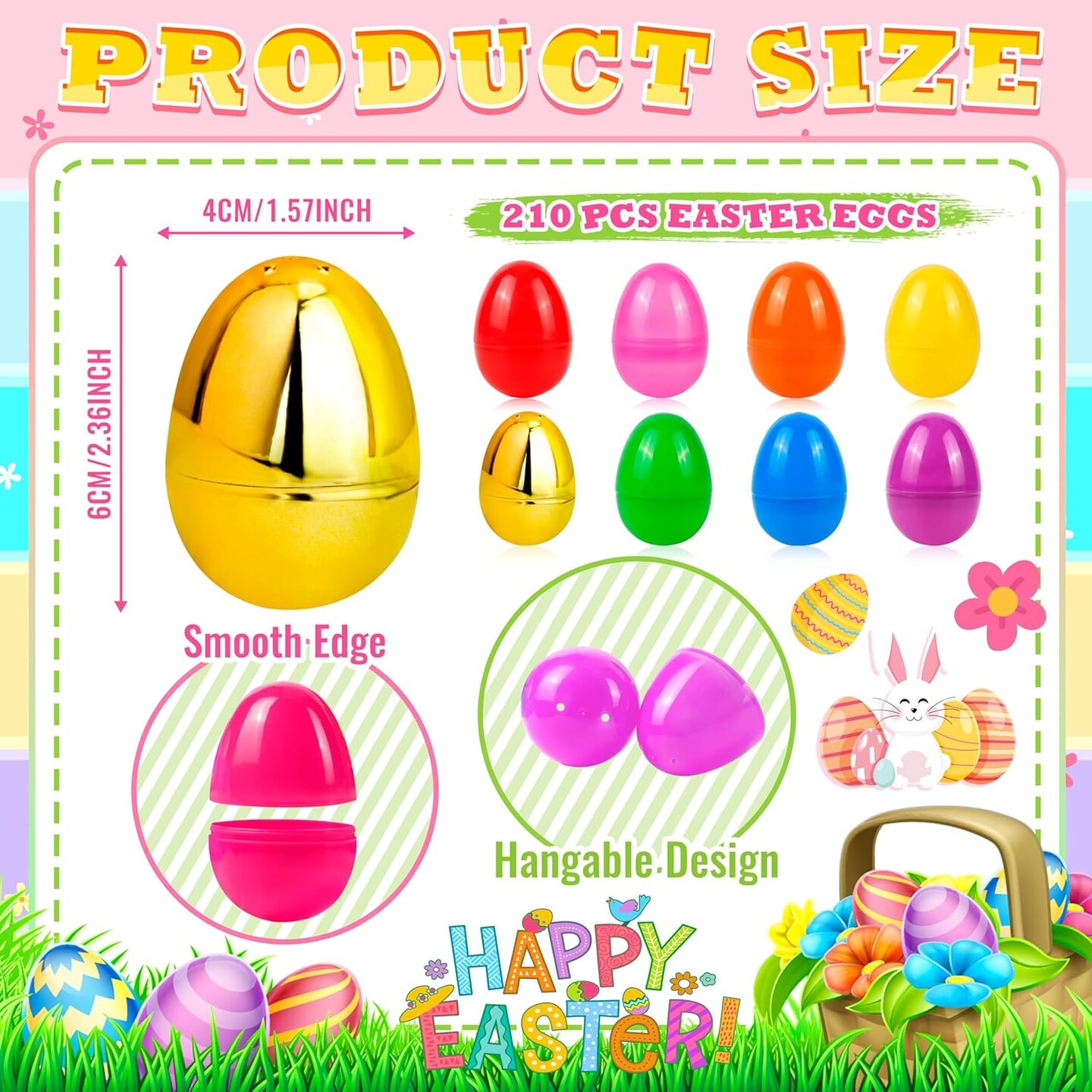 210 Pcs Bright Colors Plastic Easter Eggs Bulk, 2.3 &#x22;, Fillable Empty Easter Eggs for Fillling Candy, Treats, Easter Hunt Basket Suffers Fillers, Easter Theme Party Favors