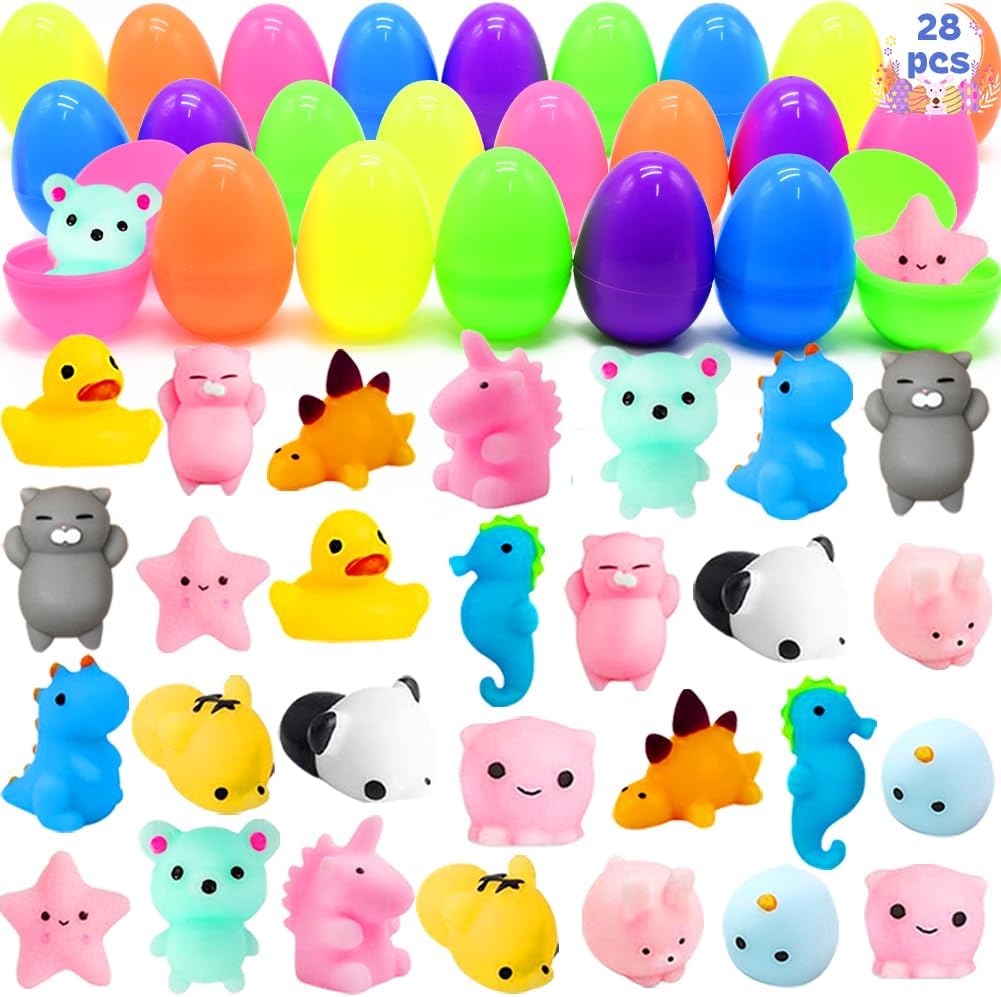 28pcs Easter Eggs Prefilled with Mochi Squishy Toys – Mini Kawaii Animal Squishies for Kids, Easter Egg Hunt, Basket Stuffers, and Classroom Gifts