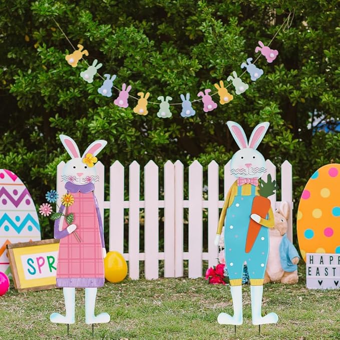 cSet of 2 Metal Bunny Decorative Garden Stakes for Easter Decor, Spring Rabbits Yard Stakes for Home Outside Front Door Porch Lawn Garden Backyard Decorations