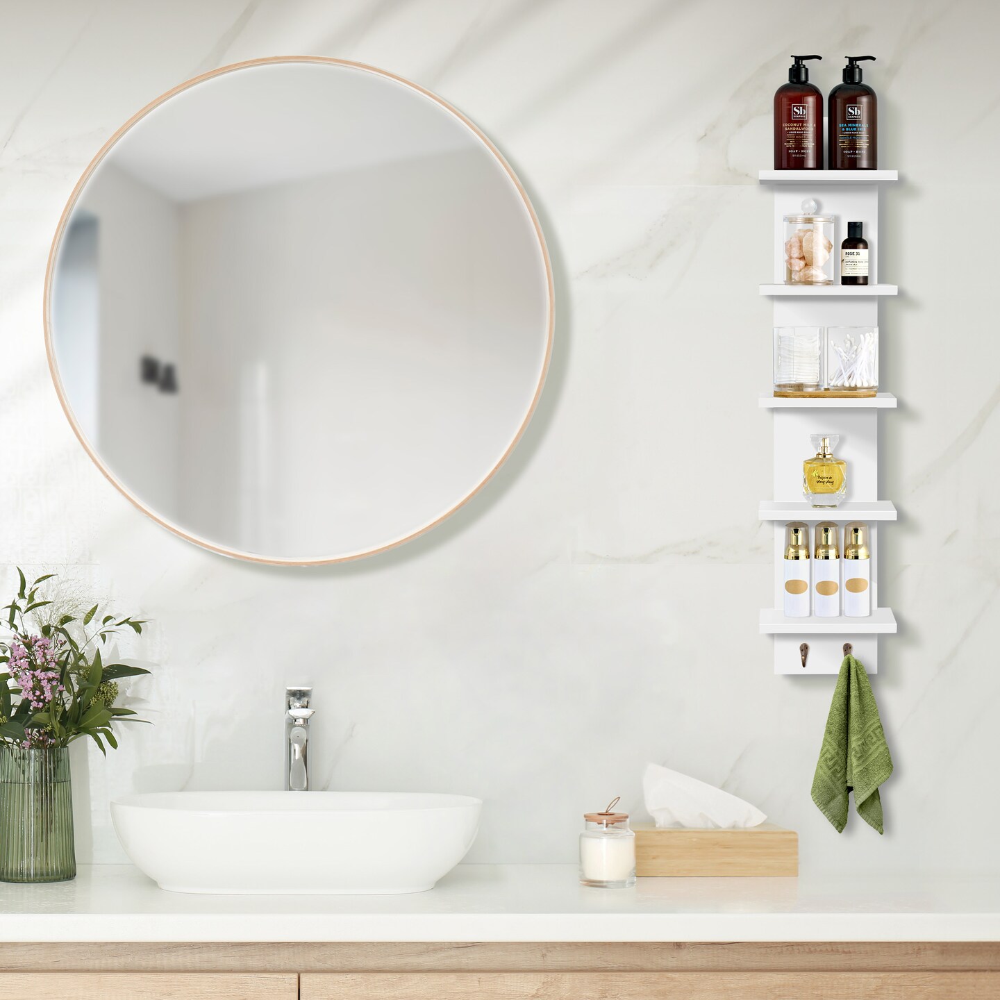 Sorbus 5 Tier Wall Shelf Unit with Hooks Set of 4, Wall-Mounted Column Utility Shelving for Home Decor and Storage Organizer