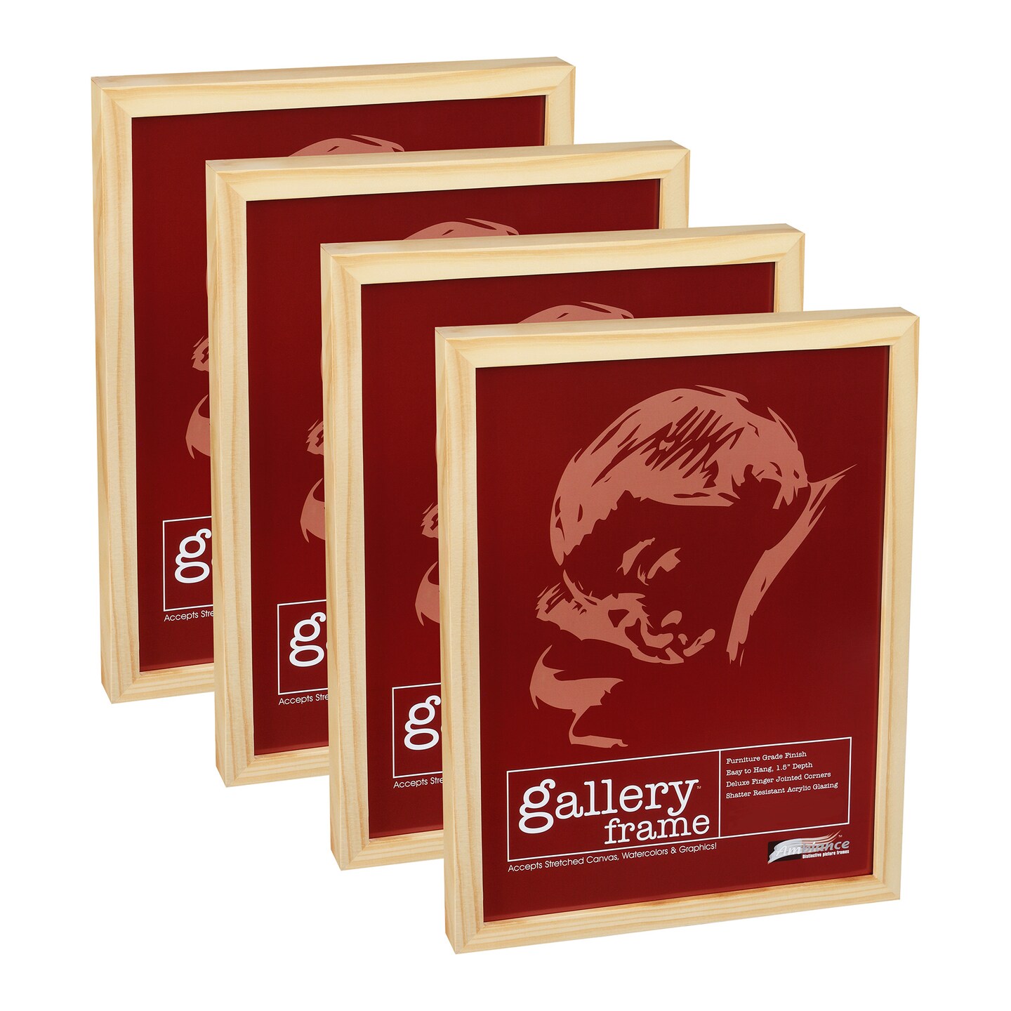 Ambiance Gallery Wood 1.5" Deep Picture Frames - 12x12" 4-Pack, Natural Wood Frames, Shatter-Resistant Acrylic Glazing & MDF Backing, Horizontal or Vertical Wall Display