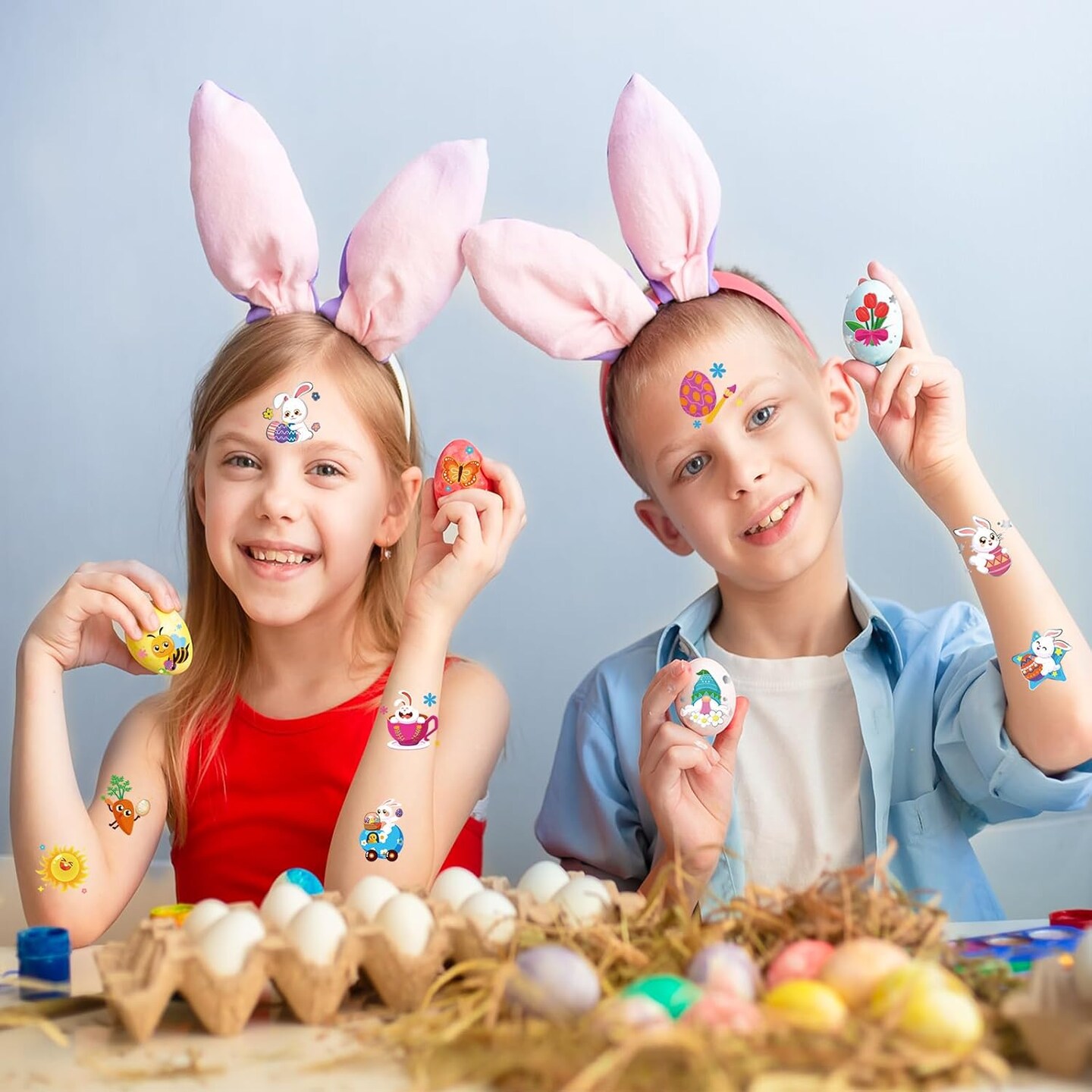 96 PCS Easter Temporary Tattoos for Kids, Pre-cut Fake Tattoos Easter Tattoos Hot Silver Stamping Kid Tattoos Temporary Eggs Bunny Tattoos Easter Basket Stuffers Prizes for Kids Adult