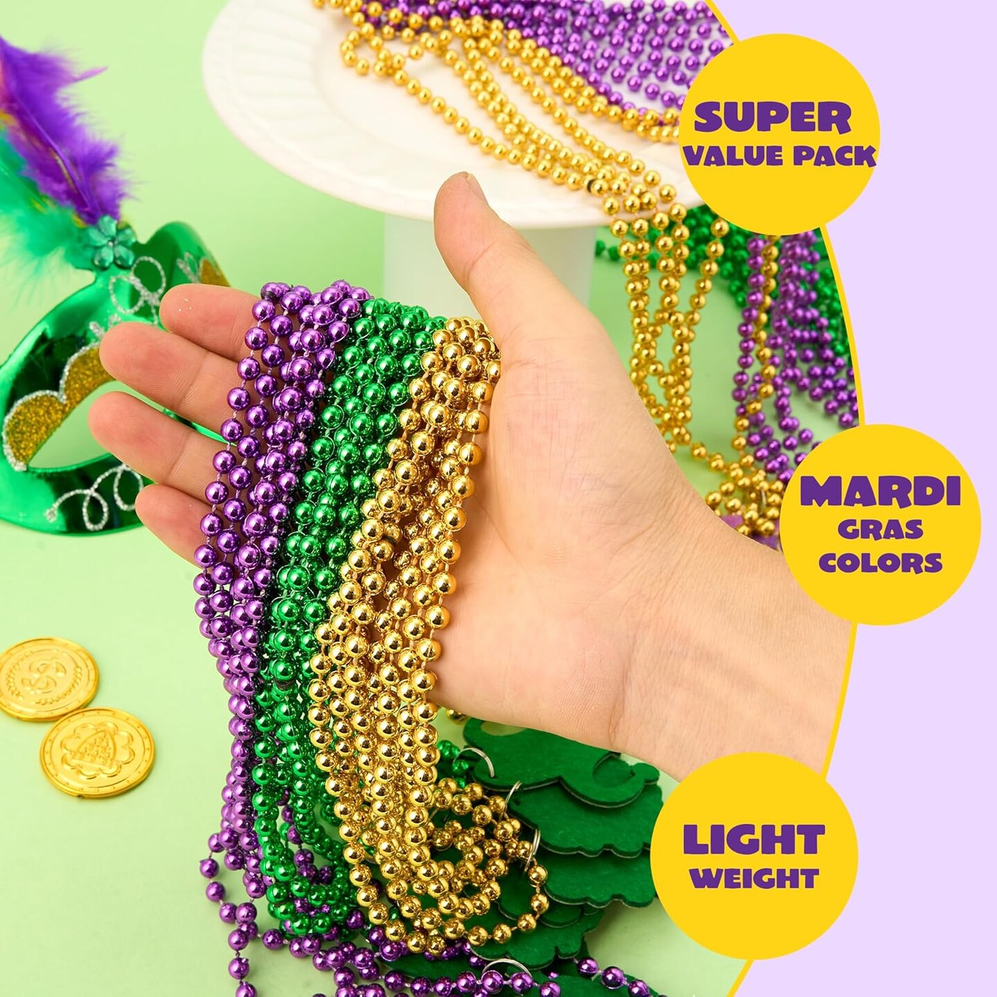 24 Pcs Mardi Gras Bead Necklaces with Pendant, 6 Designs Mardi Gras Necklaces, Gold Green Purple Beads Necklace Dress Up Costumes for Mardi Gras Party Decorations Supplies