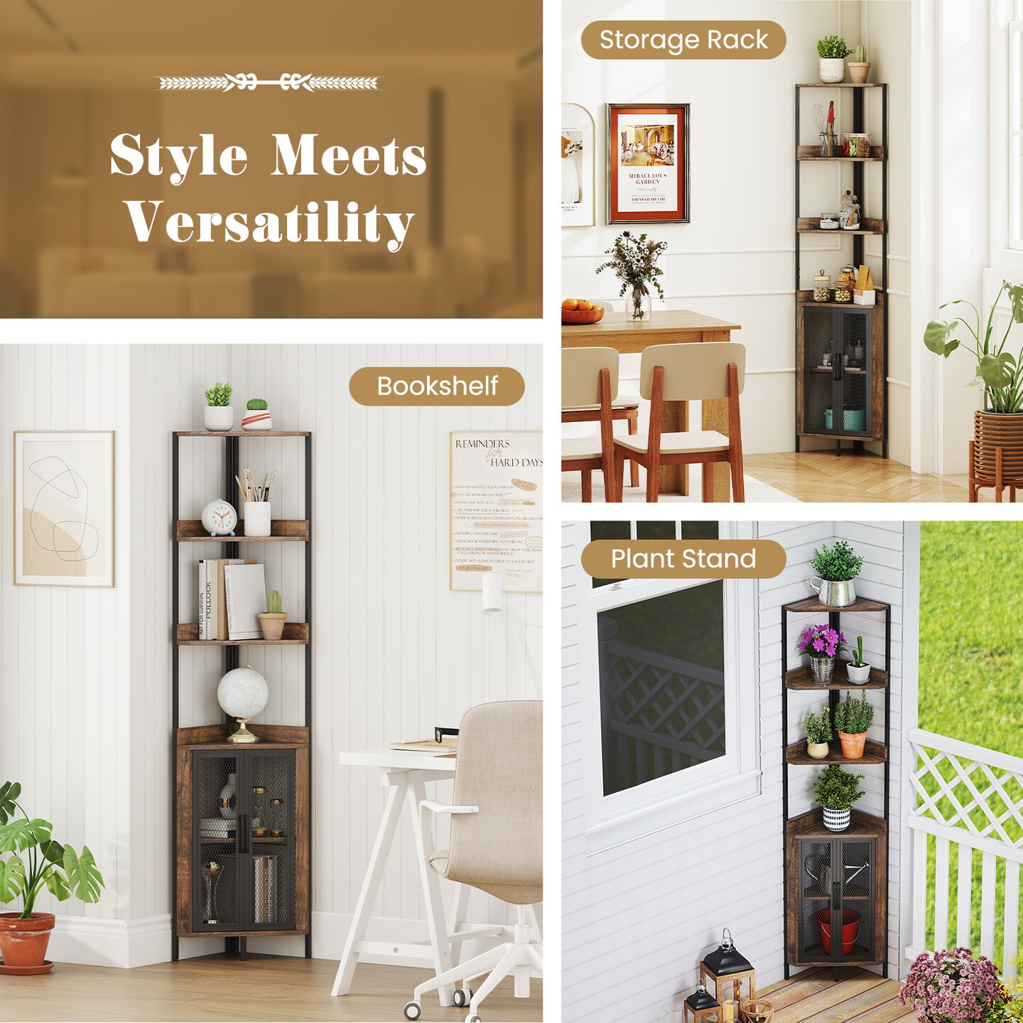 6-Tier Corner Bookshelf with Storage Cabinet 67 Inch Industrial Bookcase