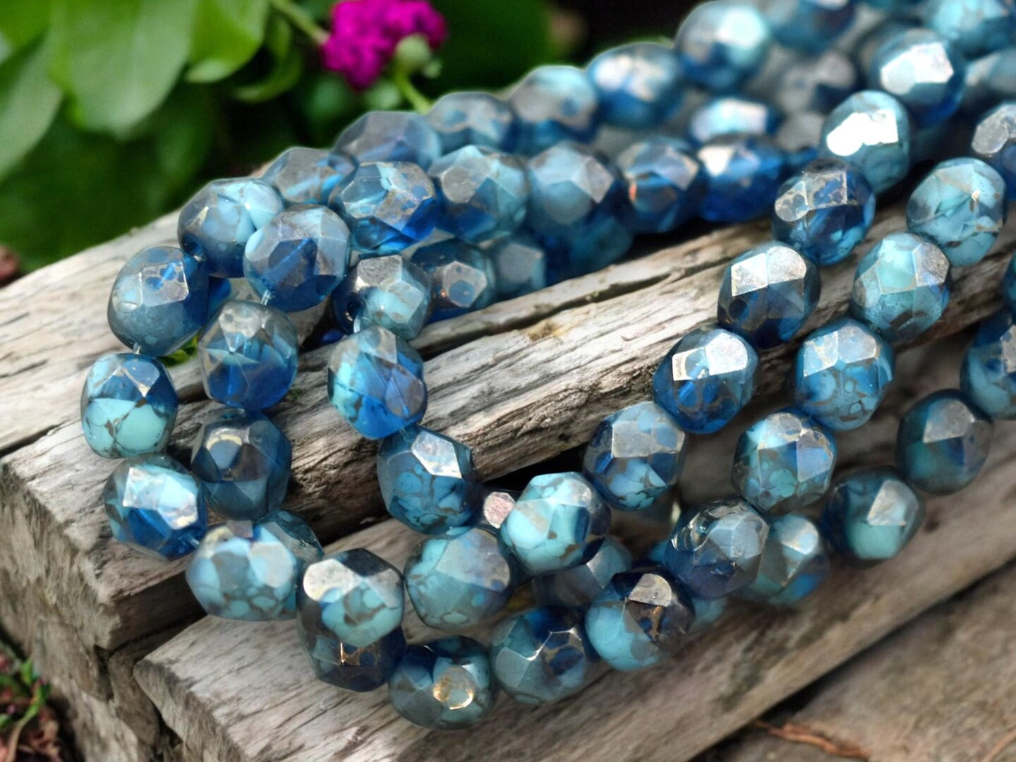 *25* 6mm Teal Marble Luster Fire Polished Round Beads