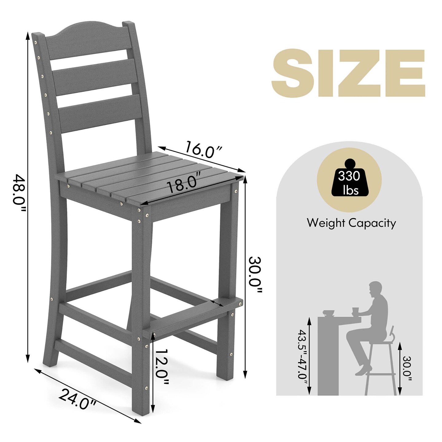Costway Outdoor HDPE Bar Stool Patio Tall Chair Backrest Footrest All Weather Gray/Turquoise