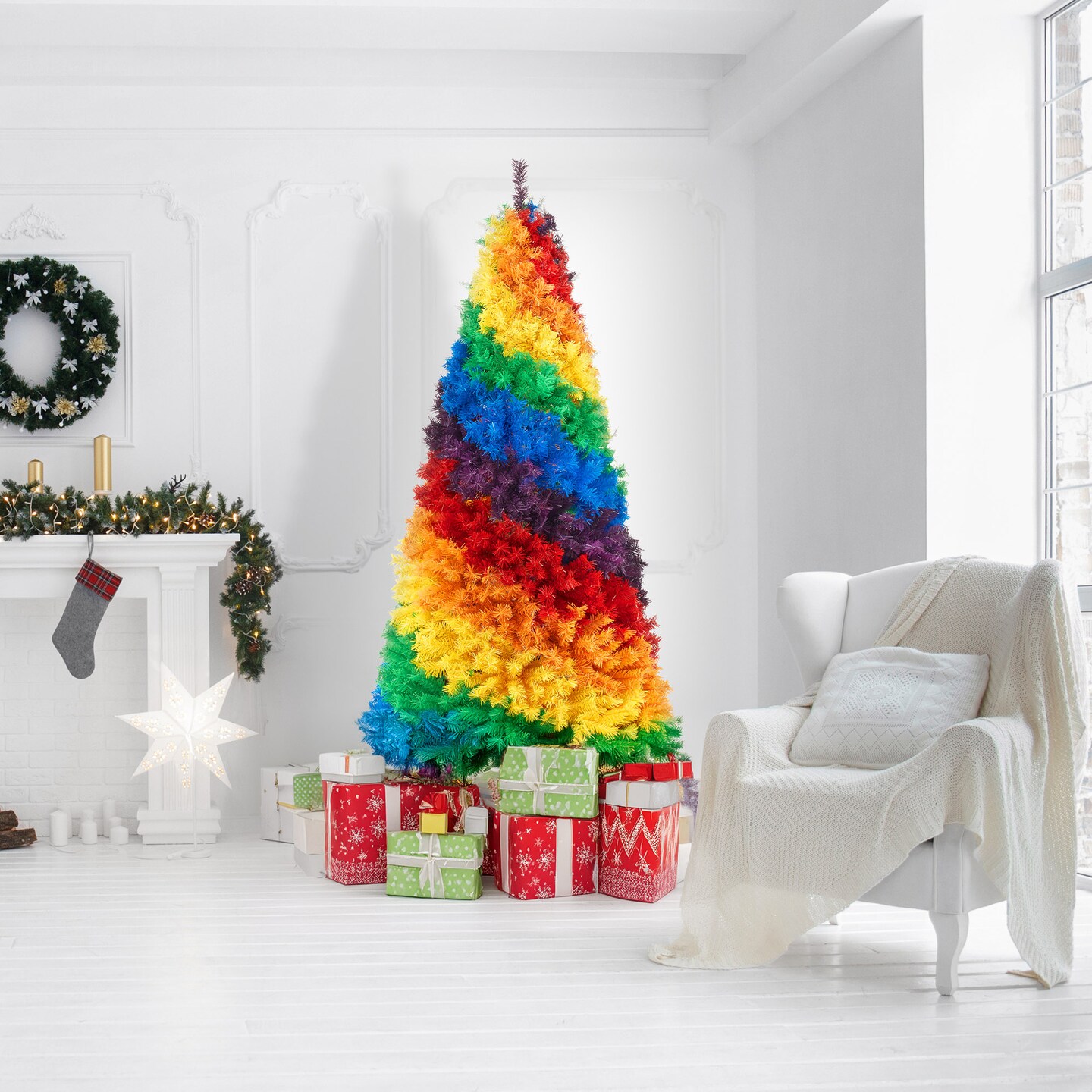 Casafield 7FT Artificial Colorful Rainbow Christmas Tree, Full Fir Holiday Decoration with 1,213 Branch Tips and Sturdy Metal Stand
