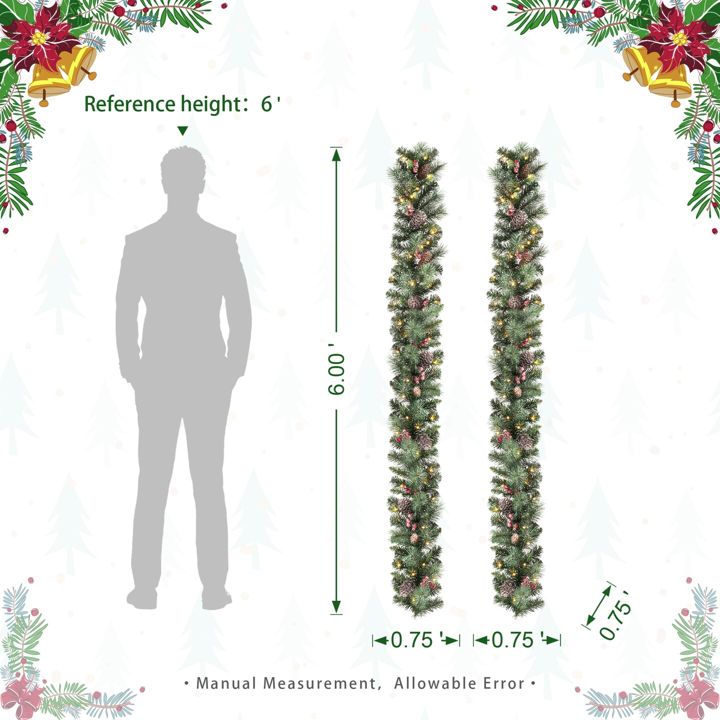Set of 2 6ft Pre-Lit Christmas Garland with Warm Light LED Lights, Three Function