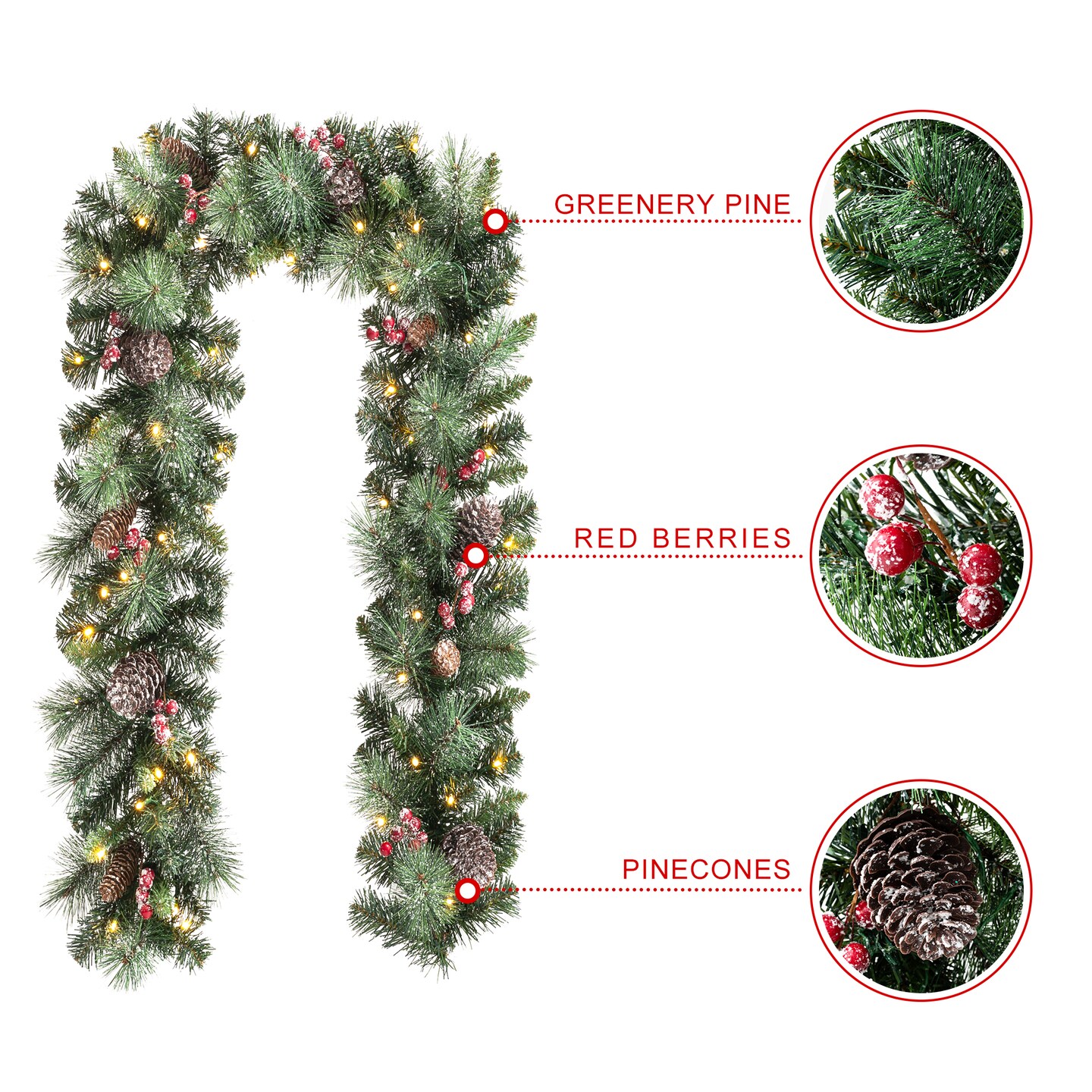 Set of 2 6ft Pre-Lit Christmas Garland with Warm Light LED Lights, Three Function