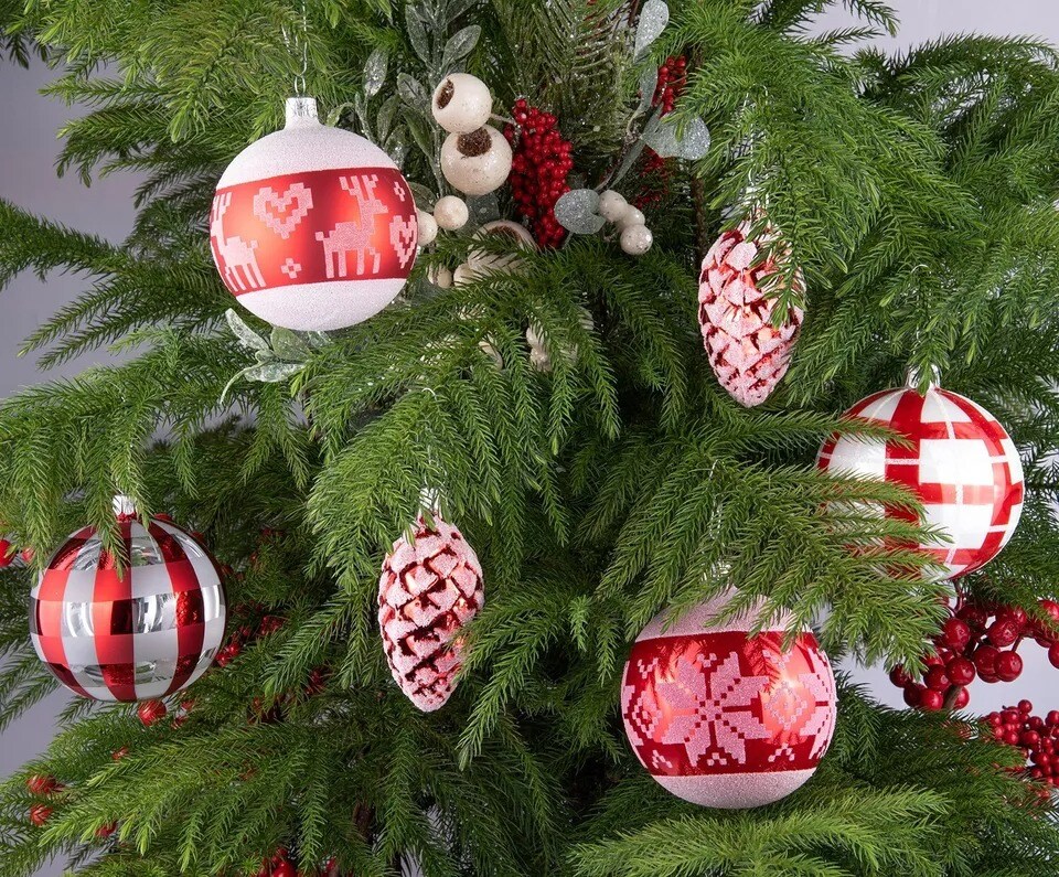 SET OF 2 Checked Czech Glass Christmas Ball Ornaments Baubles 3.15&#x22; Red/White