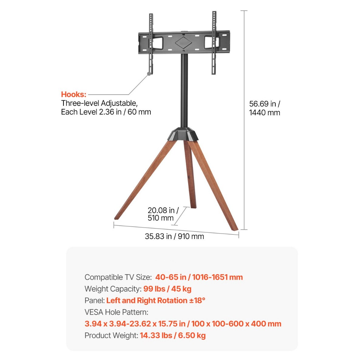 Tripod TV Stand for 40-65" TVs with Oak Wood Legs, 18° Rotation