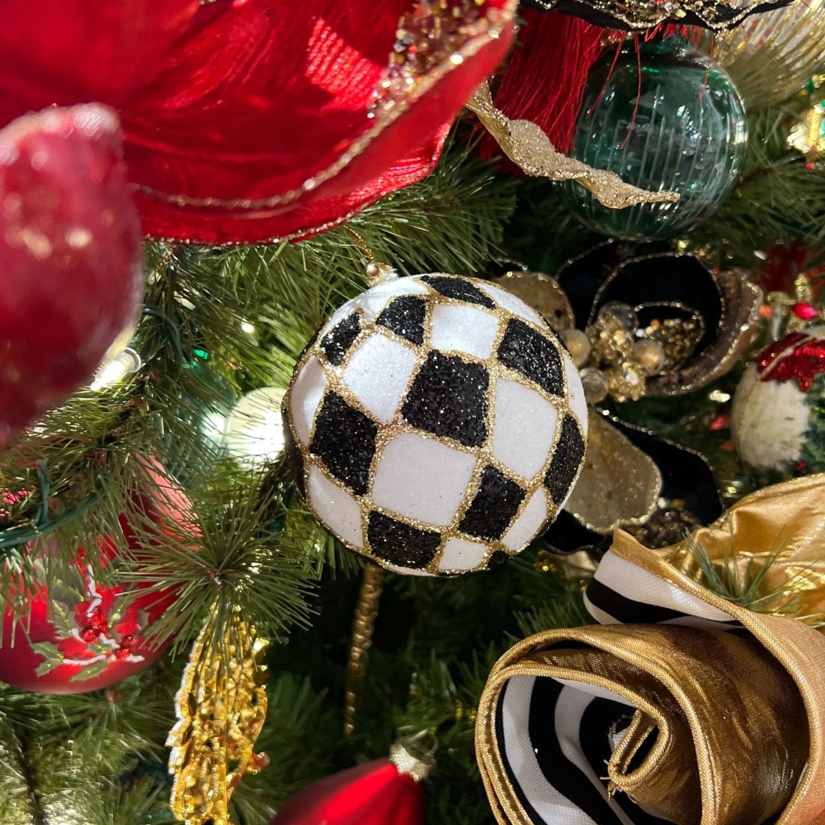 4&#x22; Harlequin Glitter Ball Ornaments: Black/Gold