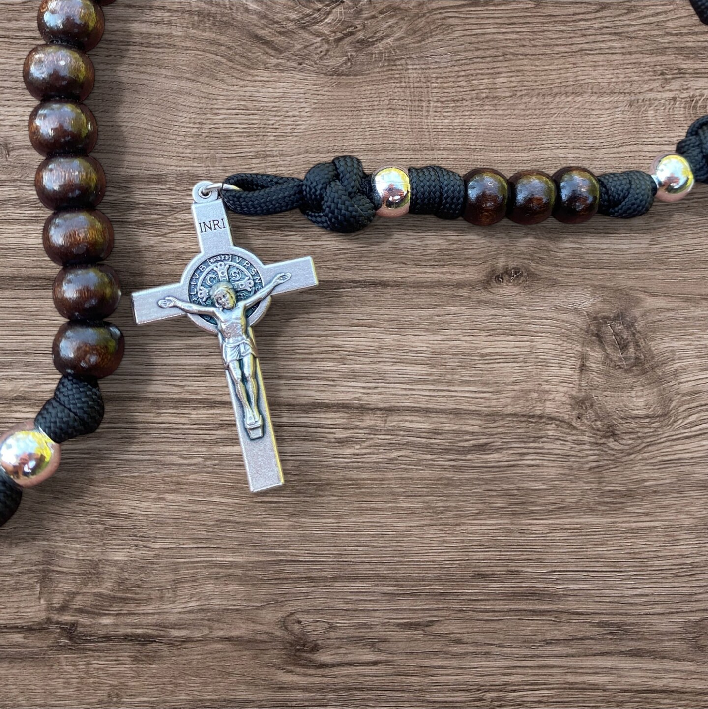Tough Men's Paracord Rosary, Saint Benedict Sturdy Black Paracord