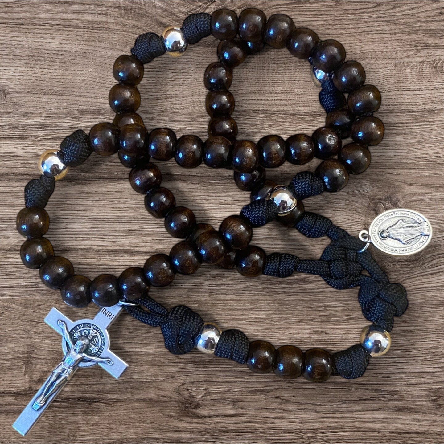 Tough Men's Paracord Rosary, Saint Benedict Sturdy Black Paracord