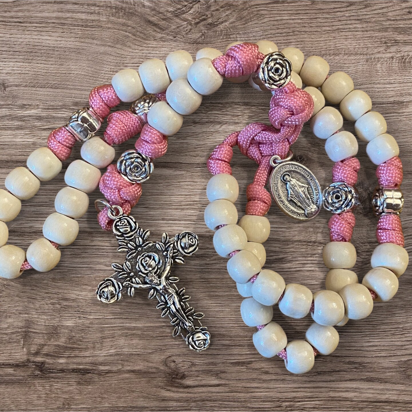 St Therese Paracord Rosary, Rose Crucifix, Pink Paracord Rose