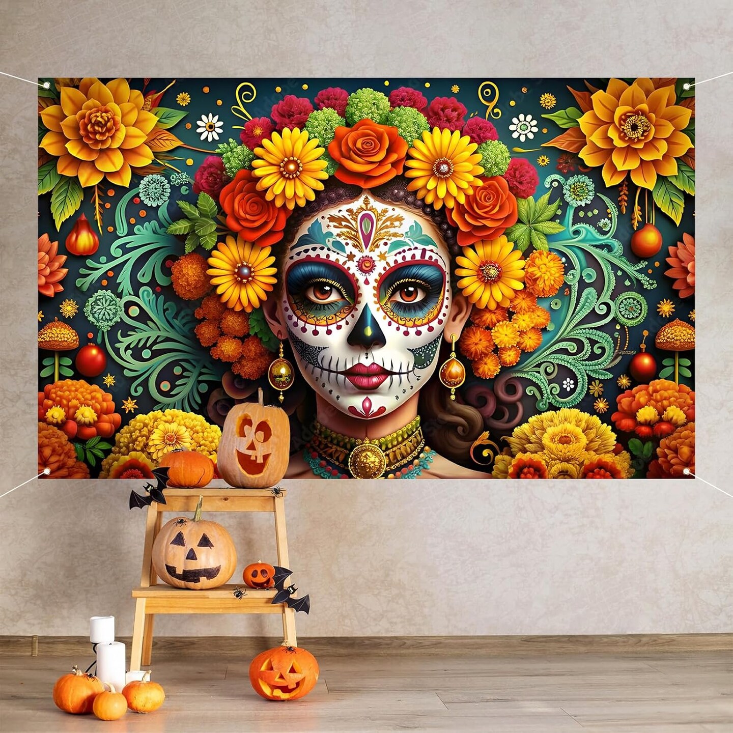 Day of The Dead Photo Backdrop Dia De Los Muertos Banner(Multicolor)71"L x 43"W