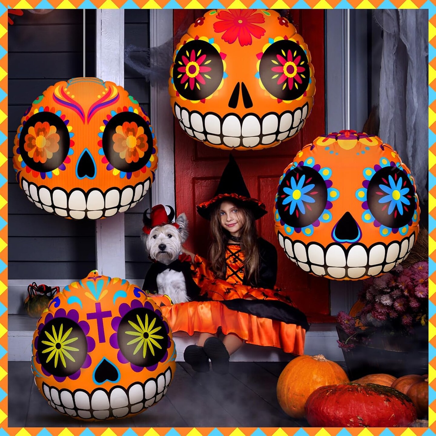 4 Pcs Day of The Dead Inflatable Pumpkin Sugar Skull Decor(bright white)