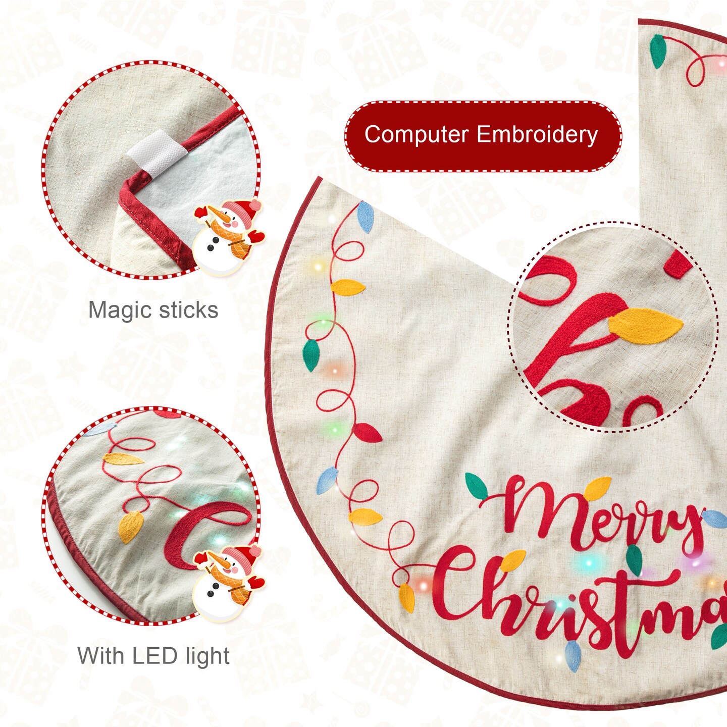 Set of 2 48&#x22;D LED Embroidered Linen Christmas Tree Skirt - Merry Christmas