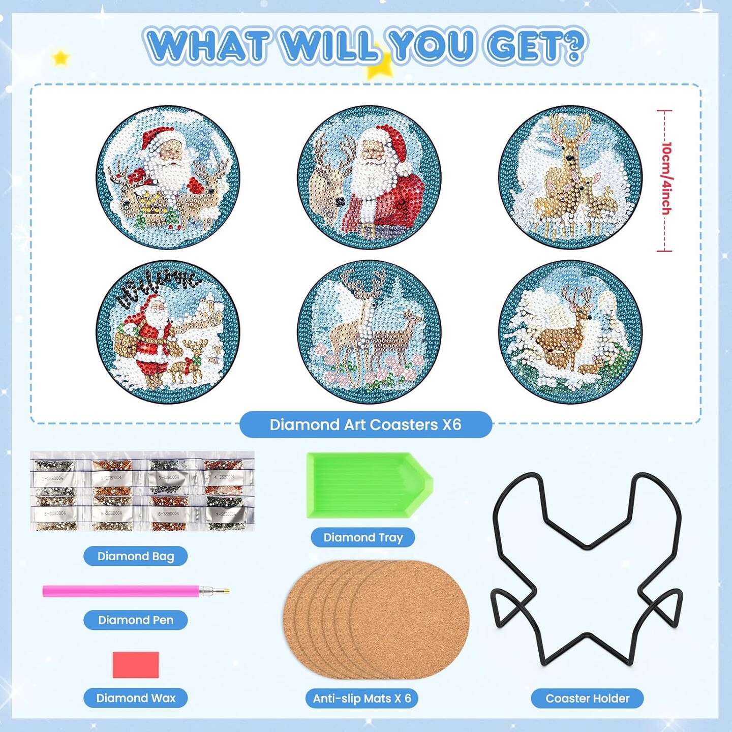 8PCS Christmas Diamond Art Coasters Kit with Holder – Santa Claus 5D Gem Art Kits for Adults & Beginners, DIY Arts and Crafts Christmas Table Decor Gift