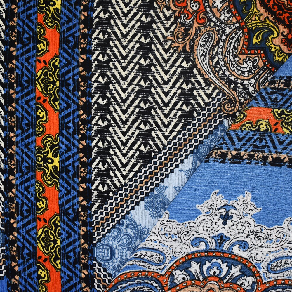 Blue-Orange-Multi Baroque Printed Poly Crepe Georgette Woven Fabric By the Yard