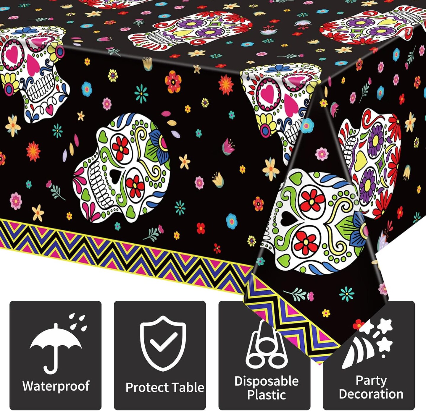 3 Pcs Day of The Dead Tablecloths Dia De Los Muertos Table Covers(Day of the Dead)108"L x 54"W