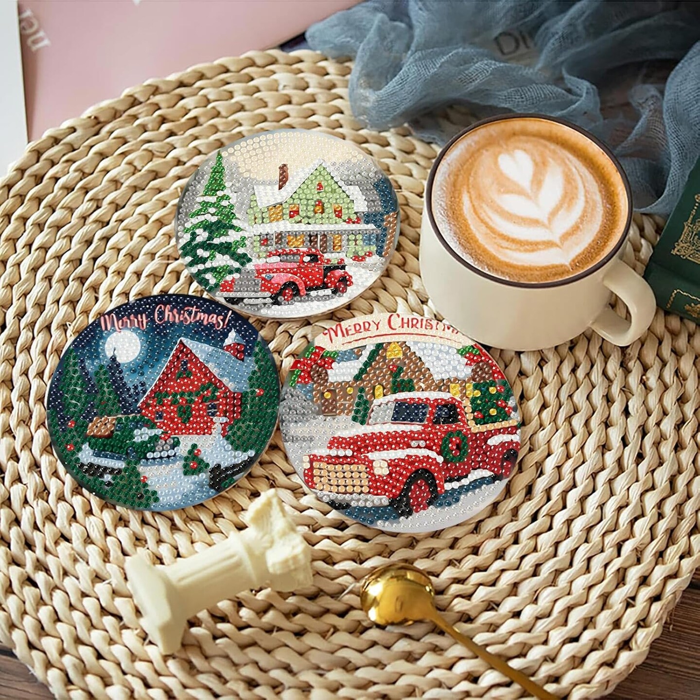 8 Pcs Christmas Diamond Art(Coasters-jxbd26)4&#x22;L x 4&#x22;W