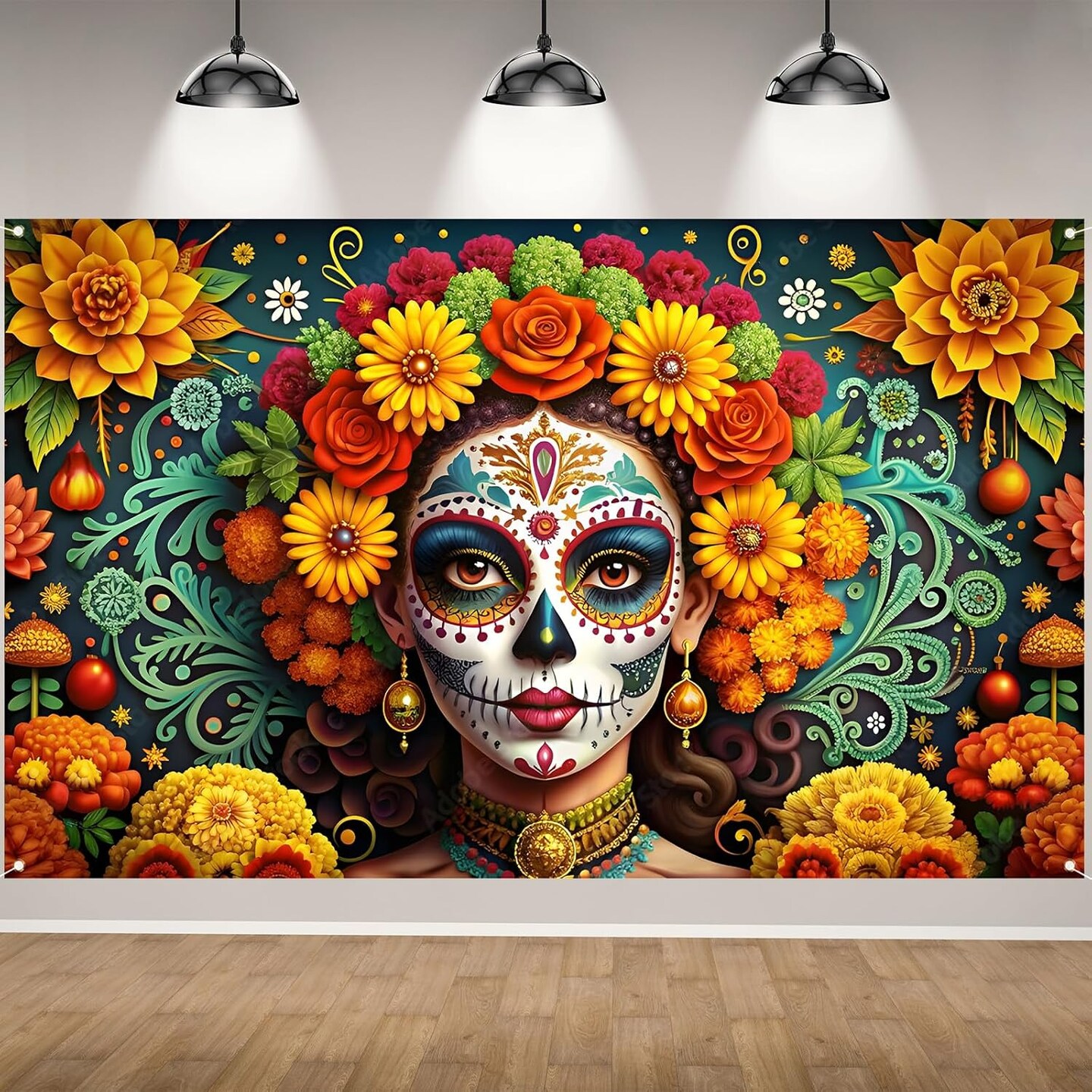 Day of The Dead Photo Backdrop Dia De Los Muertos Banner(Multicolor)71"L x 43"W