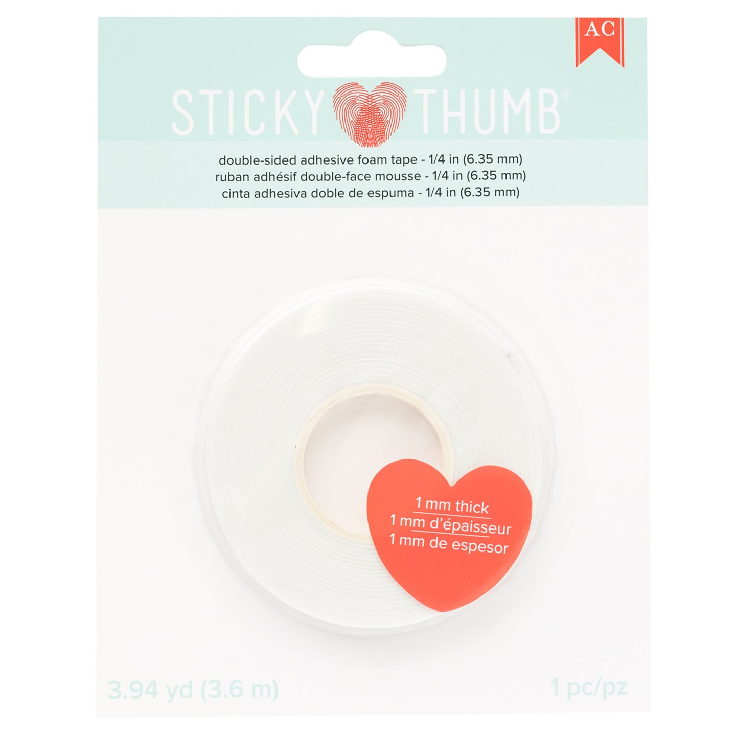 Sticky Thumb Double-Sided Foam Tape 3.94 Yards-White, 0.25"X1mm