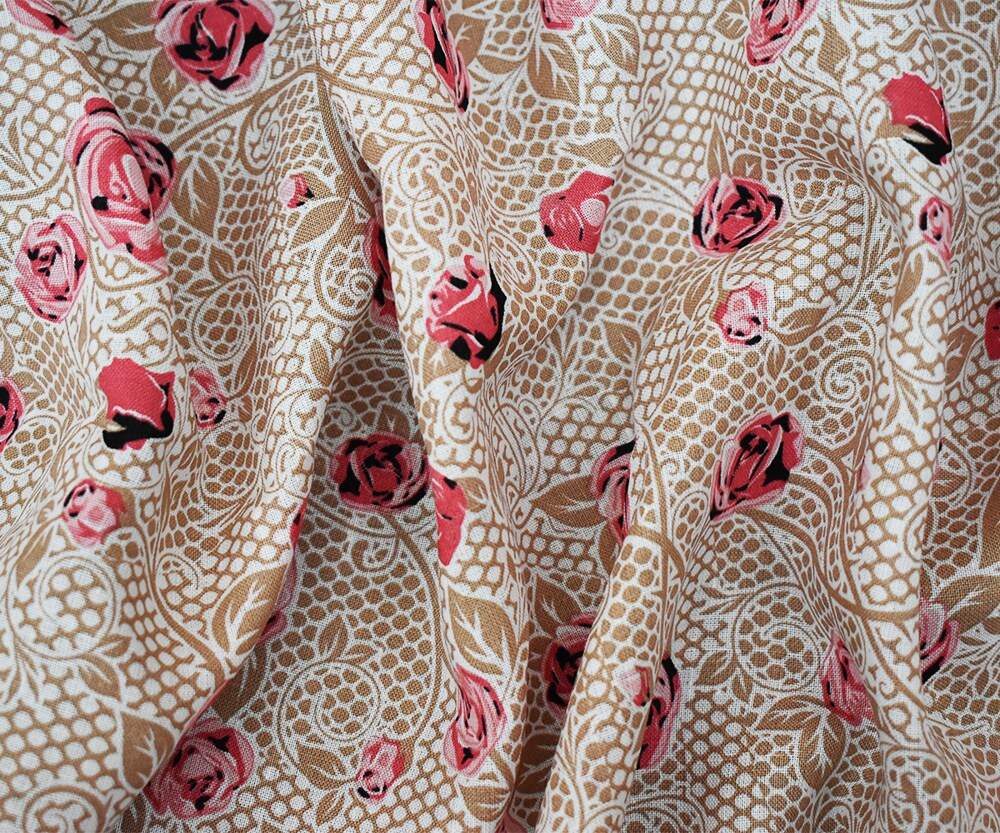 Pink-Beige-Multi Floral Mesh Pattern Printed Linen Woven Fabric By the Yard