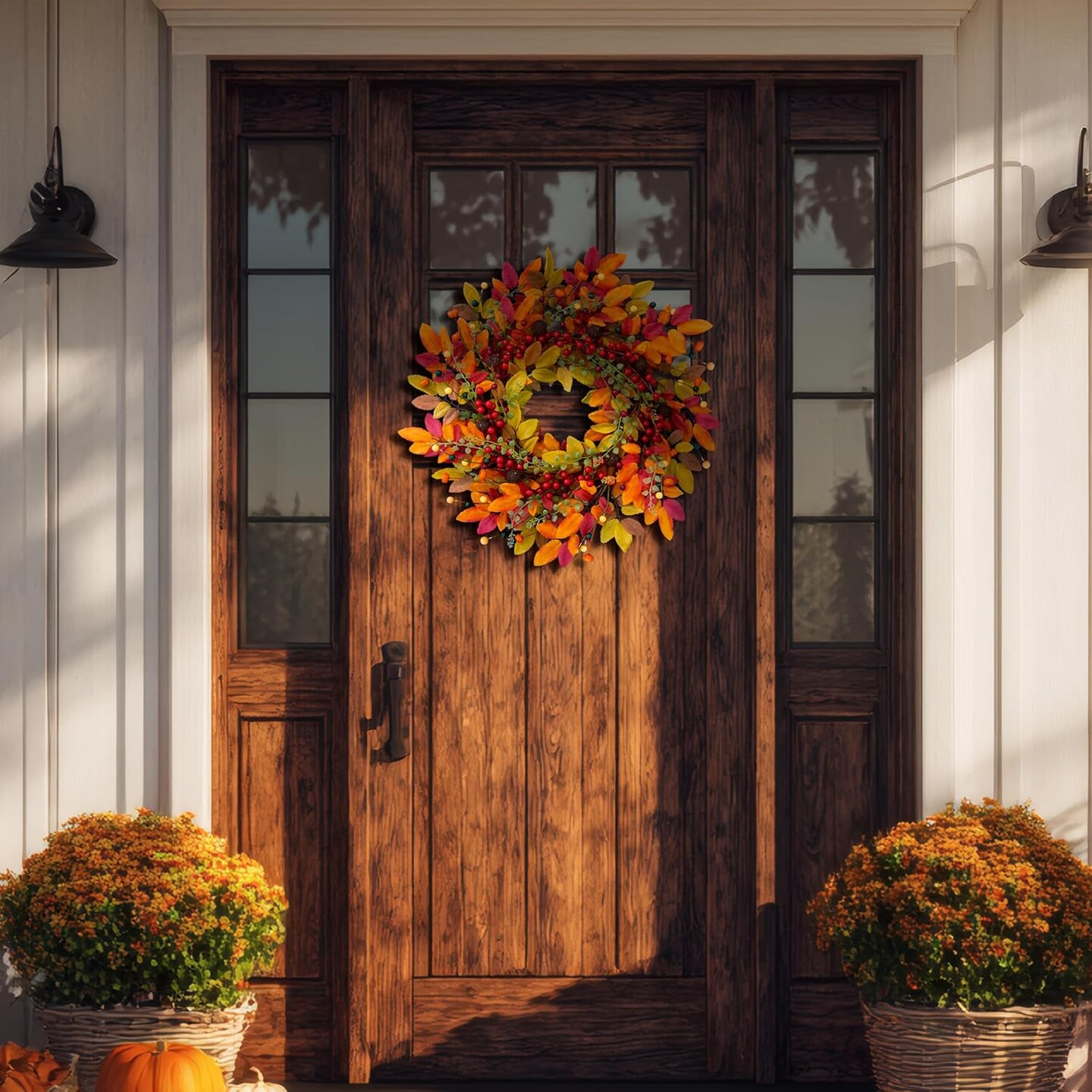 22&#x22; Berry Branches Fall Wreath with Colorful Leaves, Red Autumn Artificial Berries Wreath(Red, Yellow, Orange, Dark)13&#x22;D x 13&#x22;W x 3&#x22;H
