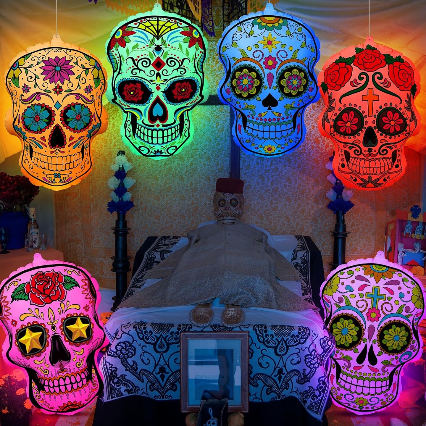 6 Pcs 24 Inch Inflatable Sugar Skull Decoration(Multicolor)